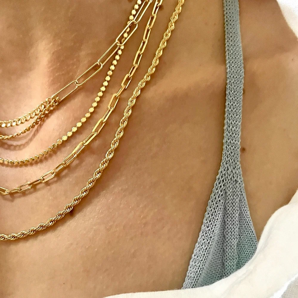 Flat Bead Sequin Chain Layering Choker  14K Gold Plated Necklace - Picture 10 of 13